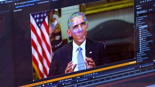 This image made from video of a fake video featuring former President Barack Obama shows elements of facial mapping used in new technology that lets anyone make videos of real people appearing to say things they've never said. (AP Photo)