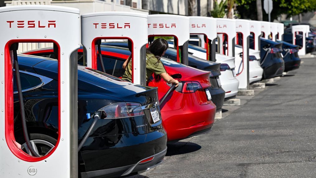 FILE - Drivers charge their Teslas in Santa Ana, Calif., on March 20, 2024. (Jeff Gritchen/The Orange County Register via AP, File)