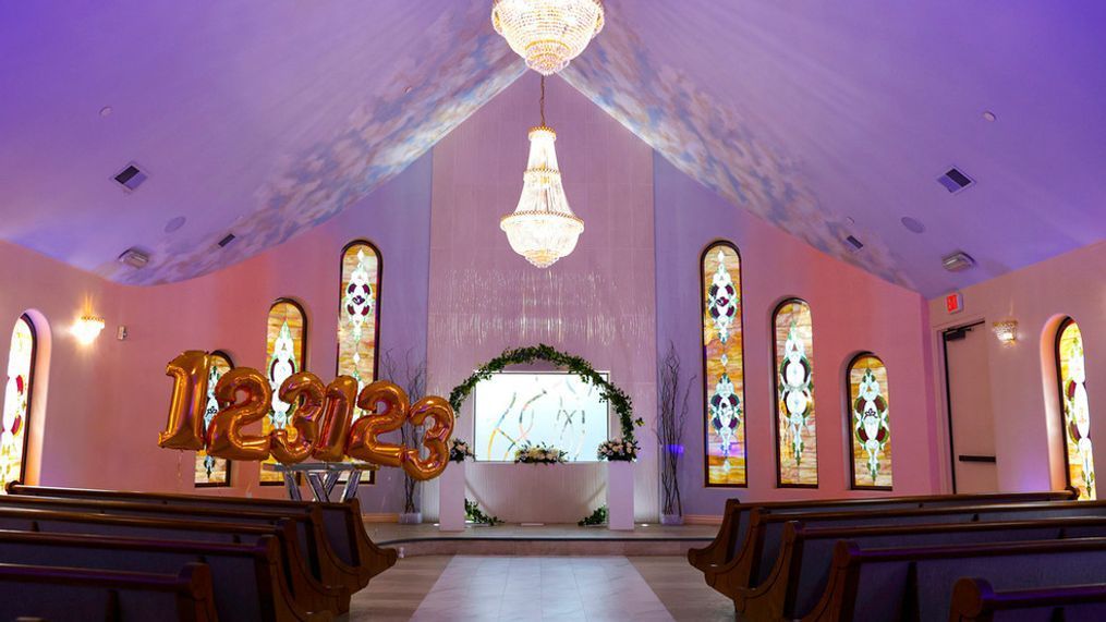 Decorations adorn The Wedding Chapel at Vegas Weddings on Tuesday, Dec. 19, 2023, in Las Vegas. (Bizuayehu Tesfaye/Las Vegas Review-Journal via AP)