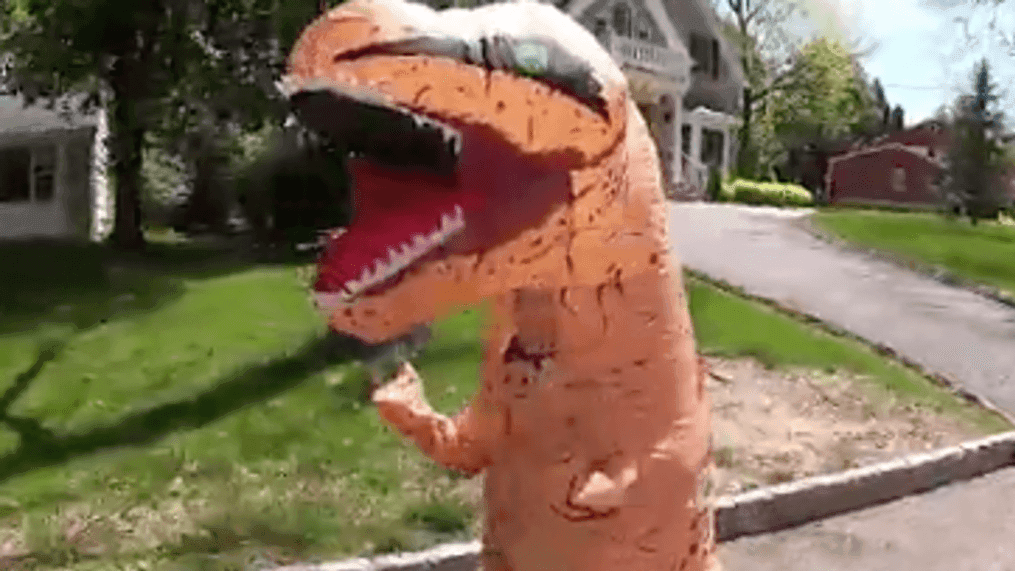 T-rex brings smiles to neighborhood during coronavirus outbreak (News 12 New Jersey LLC/CNN Newsource)