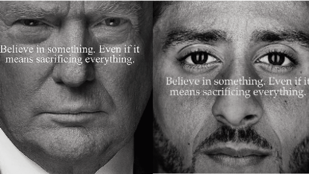 Donald Trump Jr. posts Nike ad with president's face replacing Colin Kaepernick's on Instagram. (Trump photo via Instagram/@donaldtrumpjr | Kaeperick photo courtesy Nike){&nbsp;}