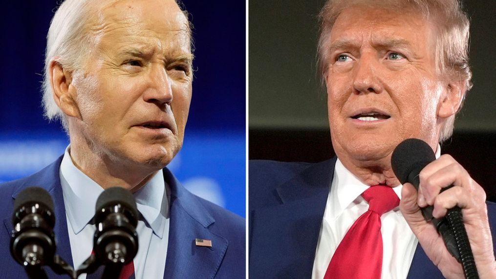 FILE - In this combination photo, President Joe Biden speaks May 2, 2024, and Republican presidential candidate former President Donald Trump speaks at May 1, 2024. (AP Photo)