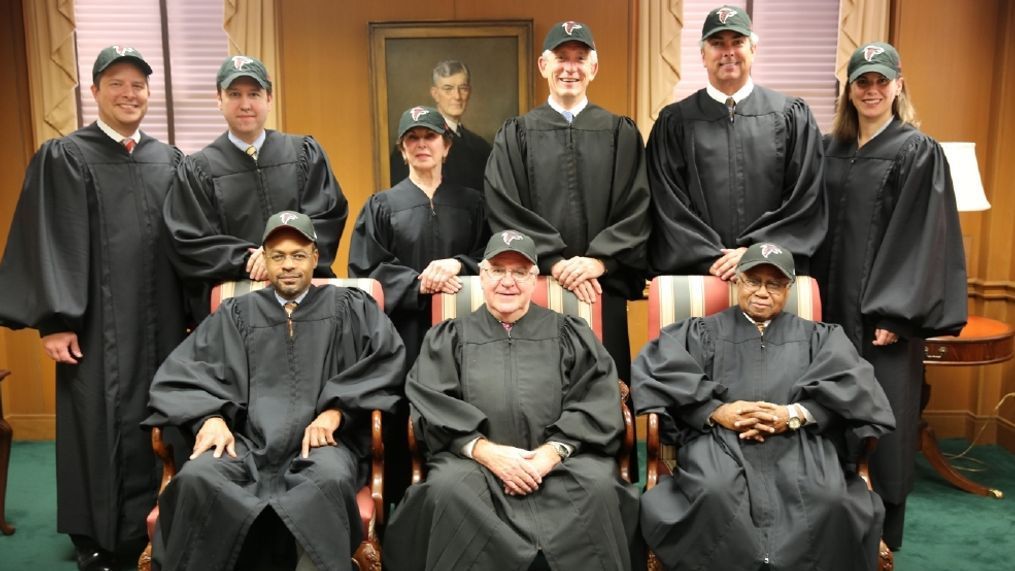 The Georgia Supreme Court justices wore Atlanta Falcons hats during a Special Session on Tuesday, Jan. 24, 2017 to support the team's pursuit of a win at the Super Bowl. (Supreme Court of Georgia)