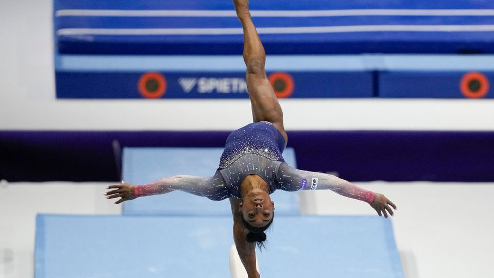 United States' Simone Biles competes on the beam during the women's team final at the Artistic Gymnastics World Championships in Antwerp, Belgium, Wednesday, Oct. 4, 2023. (AP Photo/Virginia Mayo)