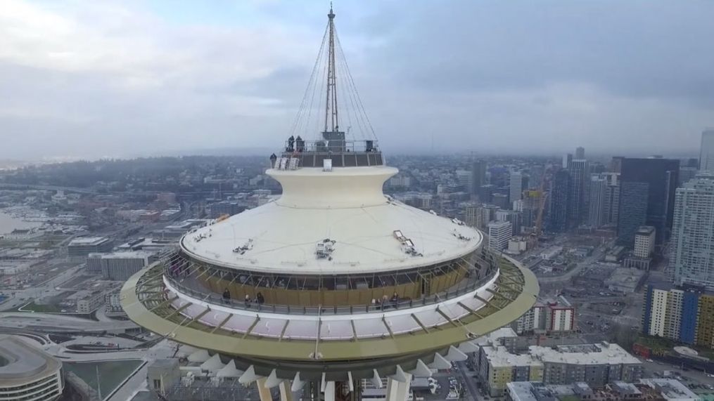 Photo from footage of drone as it approaches the Space Needle (Photo via The Space Needle)