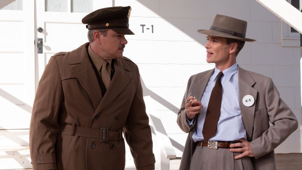 L to R: Matt Damon is Leslie Groves and Cillian Murphy is J. Robert Oppenheimer in OPPENHEIMER, written, produced, and directed by Christopher Nolan. (Photo: Universal Pictures)