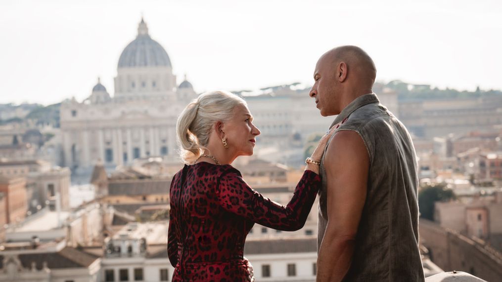 (from left) Queen (Helen Mirren) and Dom (Vin Diesel) in Fast X, directed by Louis Leterrier. (Photo: Universal Pictures)