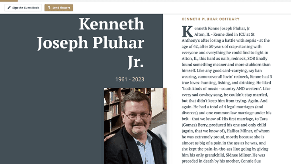 Kenneth Pluhar died “at the age of 62, after 50 years of crap-starting with everyone and everything he could find to fight,” according to his daughter in this obituary, March 10, 2023. (legacy,com)