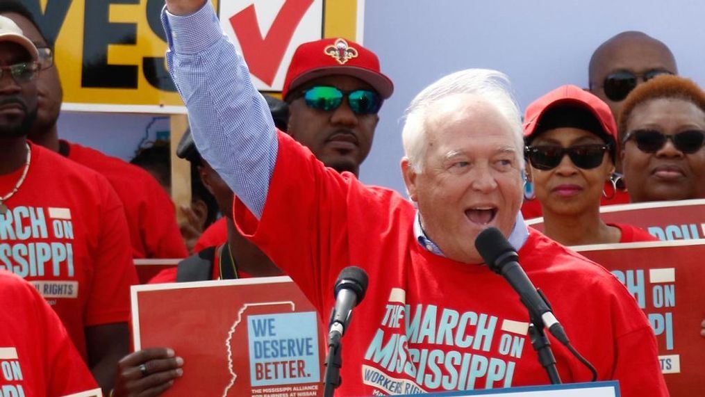 In this March 4, 2017, file photograph, UAW president Dennis Williams calls for Canton, Miss., auto workers to demand their rights during a speech before thousands gathered at a pro-union rally near the Nissan Motor Co.'s Canton plant. An employee vote on United Auto Workers representation scheduled for Aug. 3-4, 2017 has both Nissan and the union aggressively seeking workers support. (AP Photo/Rogelio V. Solis, File)