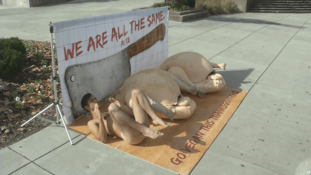 A member of PETA protested in downtown Charleston, W.Va., wearing little clothing and lying beside two giant, fake turkey carcasses on top of a cutting board. (WCHS/WVAH)