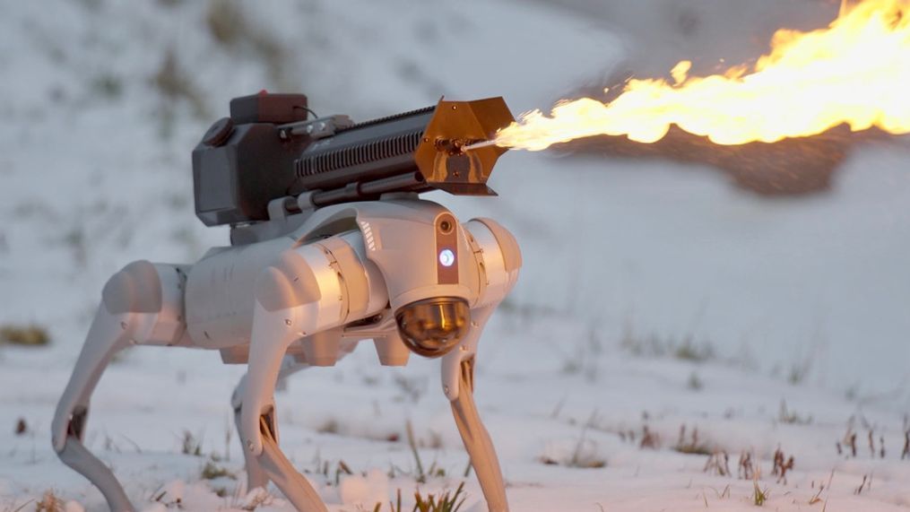 "Thermonator" created by "Throwflame" is a flamethrower-weilding robot dog. (Throwflame)