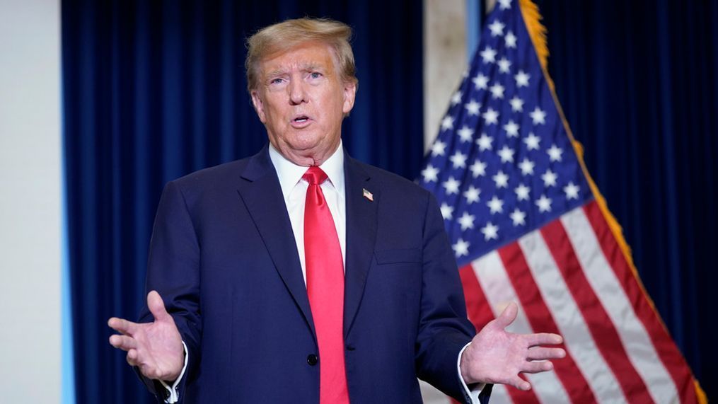 Former President Donald Trump speaks to the media at a Washington hotel, Tuesday, Jan. 9, 2024, after attending a hearing before the D.C. Circuit Court of Appeals at the federal courthouse in Washington. (AP Photo/Susan Walsh)