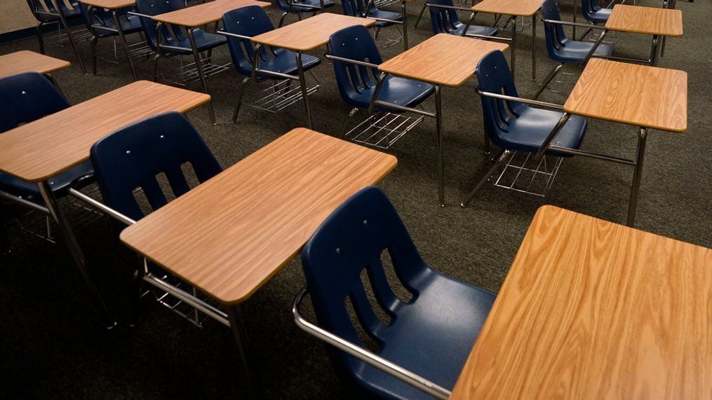 FILE - This file photo from Aug. 18, 2020 shows a classroom in Twentynine Palms Junior High School in Twentynine Palms, Calif. (AP Photo/Gregory Bull, File)