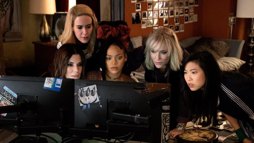 (L-R) SANDRA BULLOCK as Debbie Ocean, SARAH PAULSON as Tammy, RIHANNA as Nine Ball, CATE BLANCHETT as Lou and AWKWAFINA as Constance in Warner Bros. Pictures' and Village Roadshow Pictures' "OCEANS 8," a Warner Bros. Pictures release.{&nbsp;}(Barry Wetch / Warner Bros.)