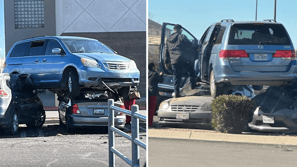 A van somehow landed atop 2 other vehicles at Bassett Place, a mall in El Paso, Jan. 18, 2023. (left: Gwenyth Adkins, right: Jonathan Rogelio Villanueva)