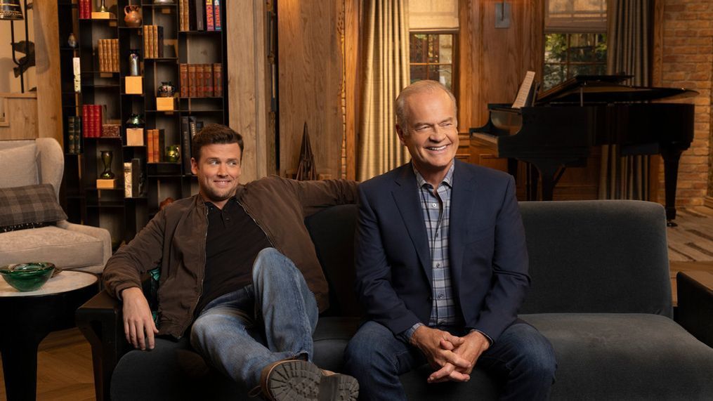 This image released by Paramount+ shows Jack Cutmore-Scott as Freddy Crane, left, and Kelsey Grammer as Frasier Crane in a scene from "Frasier." (Pamela Littky/Paramount+ via AP)