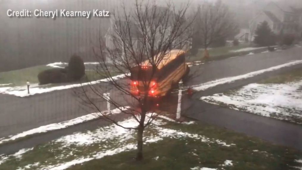 A video shows a school bus sliding down an icy hill in Sutton, Mass., Tuesday morning. (Courtesy Cheryl Kearney Katz)