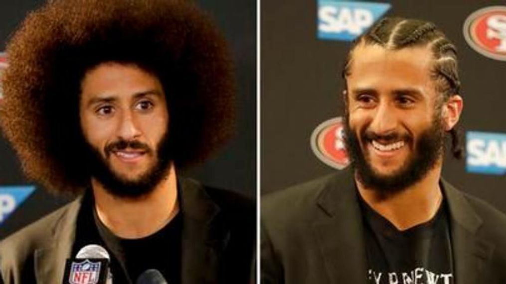 FILE - At left, in a Dec. 24, 2016, file photo, San Francisco 49ers quarterback Colin Kaepernick talks during a news conference after an NFL football game against the Los Angeles Rams, in Los Angeles. At right, in a Jan. 1, 2017, file photo, 49ers quarterback Colin Kaepernick speaks at a news conference after an NFL football game against the Seattle Seahawks, in Santa Clara, Calif. Michael Vick has some advice for Kaepernick if he wants another shot in the NFL; get a haircut. During an appearance on Fox Sports 1 Monday, July 17, 2017, Vick said the former San Francisco 49ers quarterback needs to shed his afro and cornrows look for a "clean cut" style in order to get a job. (AP Photo/File)