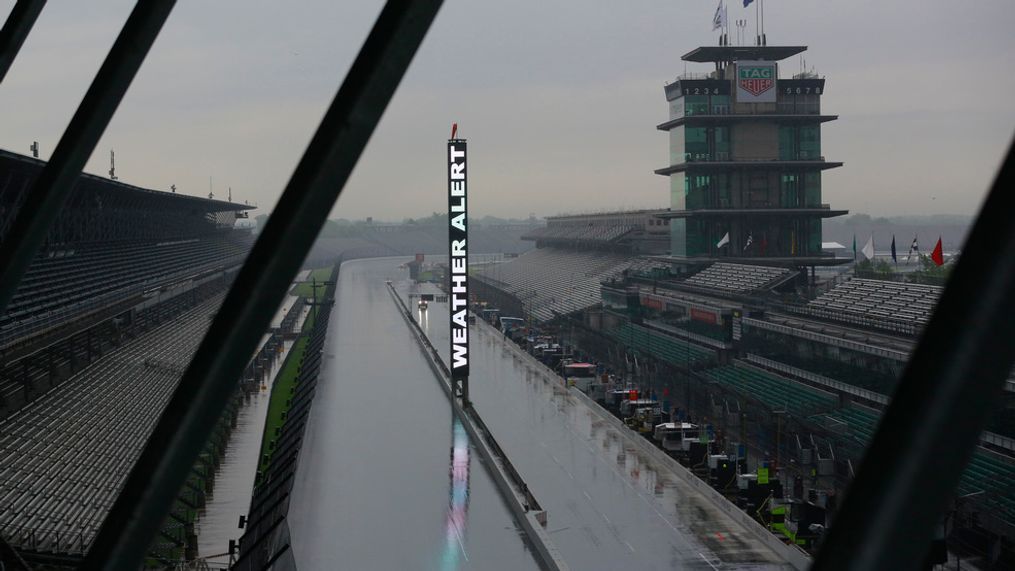 A weather alert is posted on the scoring pylon as severe weather moved through the area before the start of practice for the Indianapolis 500 IndyCar auto race at Indianapolis Motor Speedway, Friday, May 24, 2019, in Indianapolis. (AP Photo/R Brent Smith)