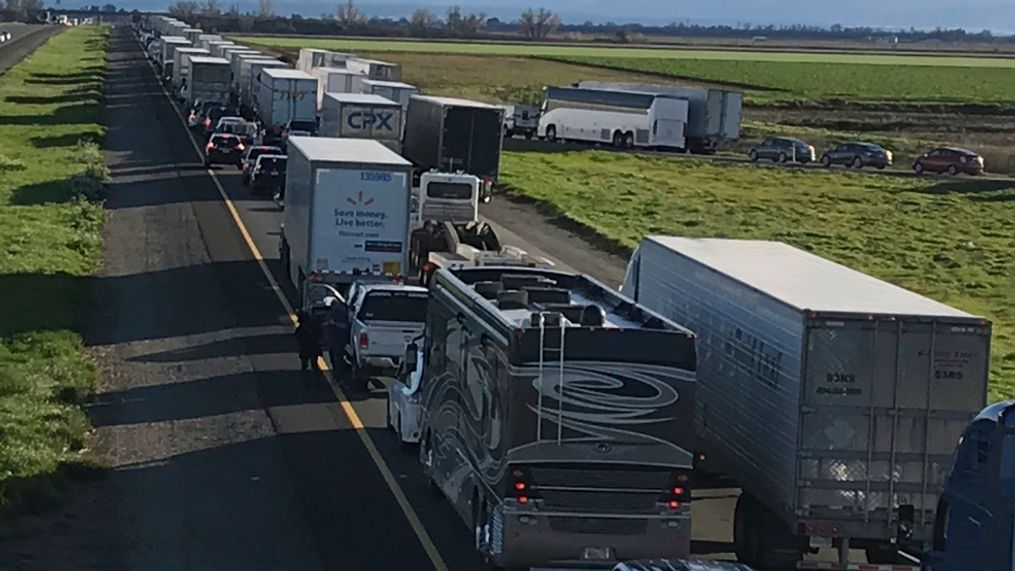 File- This Feb. 14, 2019, photo released by Caltrans District 3 shows a 7-mile back up on the South bound Interstate 5, as it reopens to traffic in Maxwell in Colusa County, Calif. The Trump administration is poised revoke California’s authority to set auto mileage standards, asserting that only the federal government has the power to regulate greenhouse gas emissions and fuel economy. (Caltrans District 3 via AP)