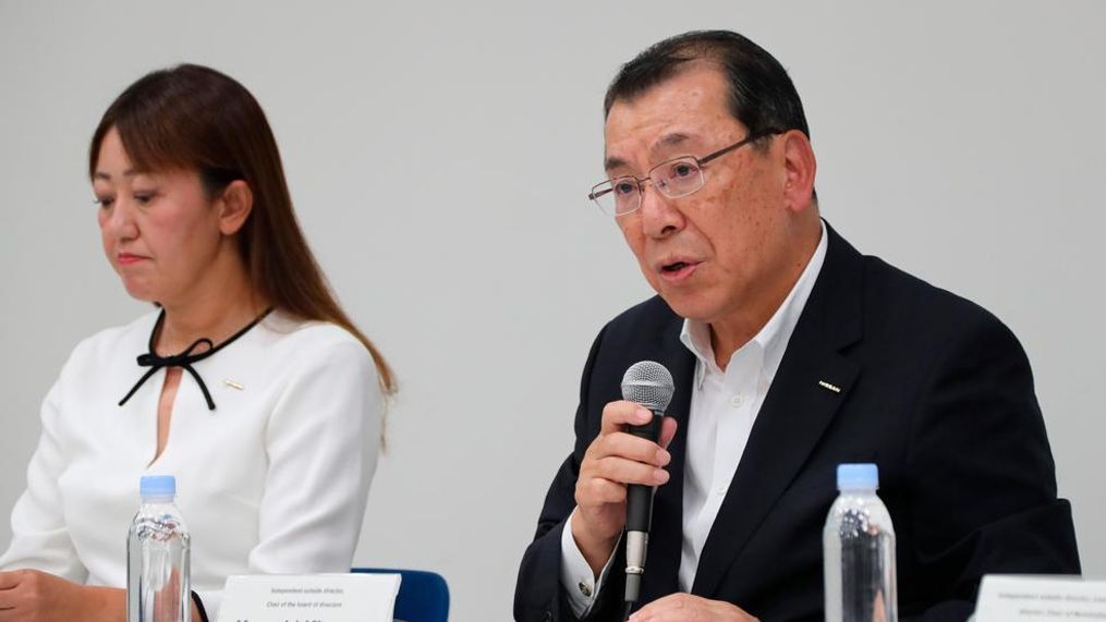 Nissan Motor Co.'s chair of the board of directors Yasushi Kimura, right, speaks during a press conference in the automaker's headquarters in Yokohama, near Tokyo, Monday, Sept. 9, 2019.. (AP Photo/Koji Sasahara)