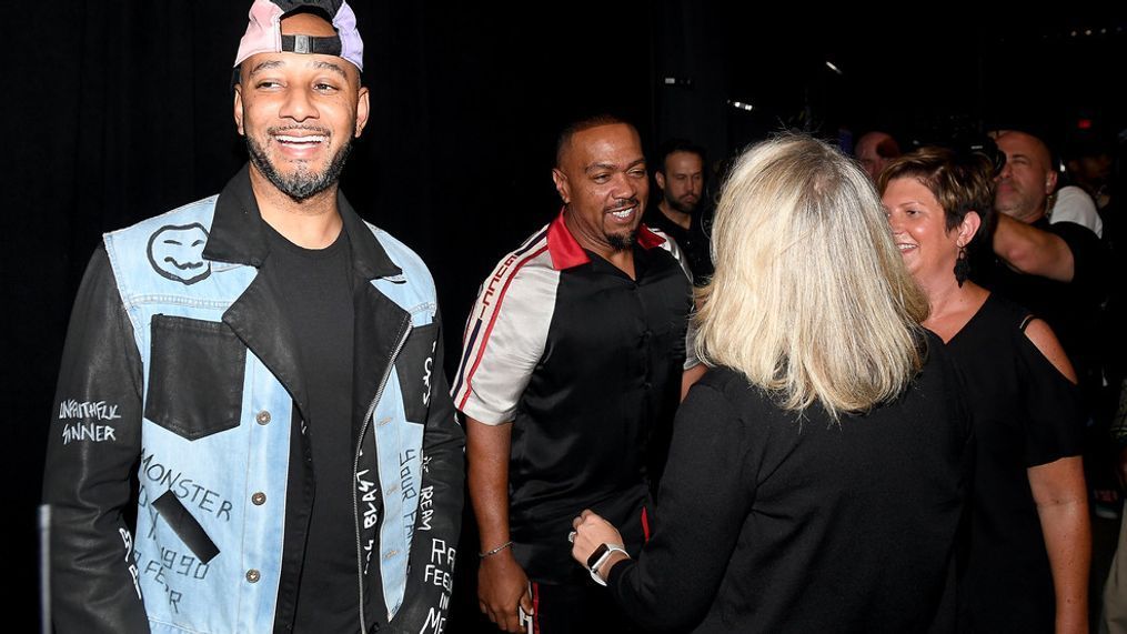 Artists Swizz Beatz and Timbaland seen backstage during day 1 of REVOLT Summit x AT&T Summit on September 12, 2019 in Atlanta, Georgia. (Photo by Paras Griffin/Getty Images for Revolt)