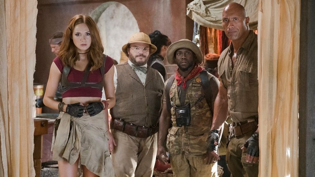 Karen Gillan, Jack Black, Kevin Hart and Dwayne Johnson star in "JUMANJI: WELCOME TO THE JUNGLE." (Sony)