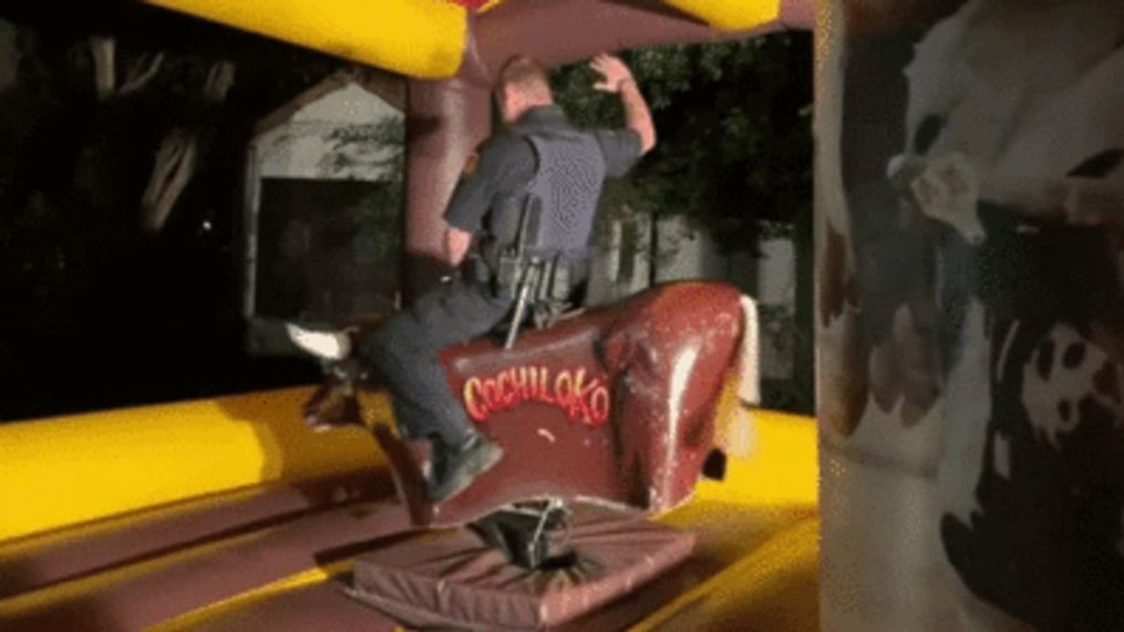 Texas police officer masters mechanical bull (Kilgore Police Department via Storyful)