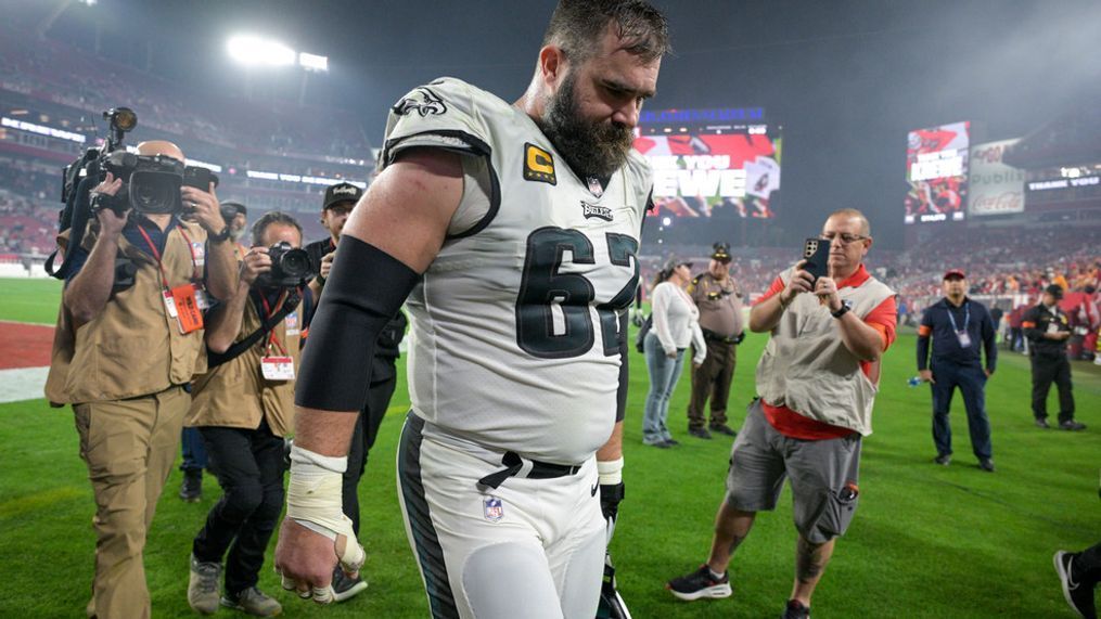 Philadelphia Eagles center Jason Kelce walks off the field following an NFL wild-card playoff football game against the Tampa Bay Buccaneers, Monday, Jan. 15, 2024, in Tampa, Fla. The Buccaneers won 32-9. (AP Photo/Phelan M. Ebenhack)