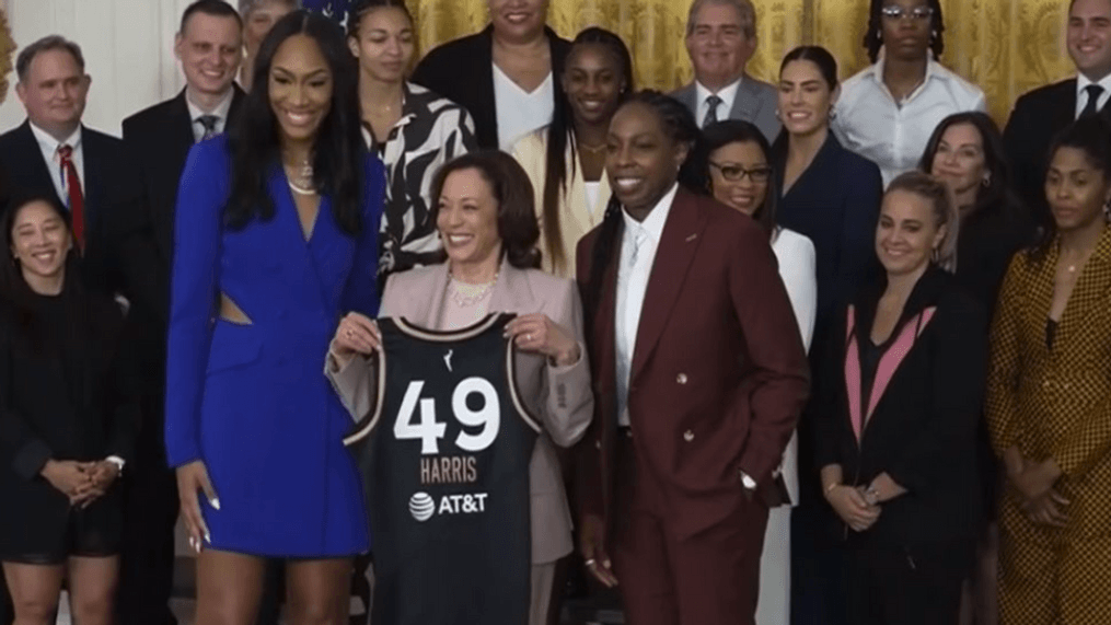 The Las Vegas Aces visit the White House to celebrate their 2022 WNBA championship on Friday, Aug. 25, 2023. (Pool)