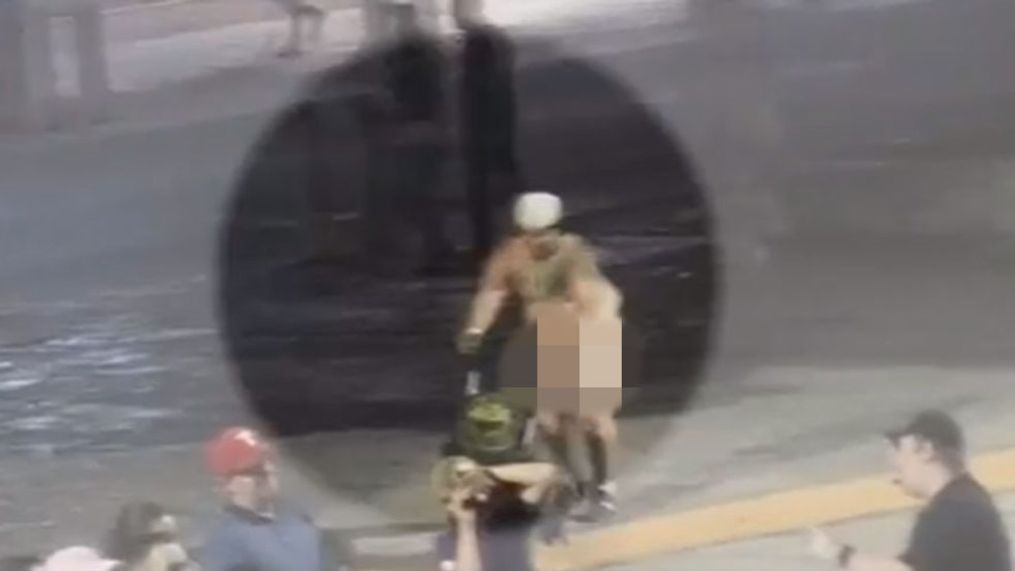 Park rangers tackle streaker at the Alamo. (Texas General Land Office){&nbsp;}