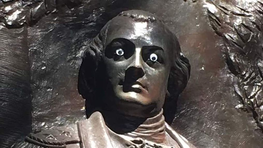 Googly eyes placed on statue of General Nathanael Greene, Savannah Ga. (City of Savannah, Facebook)