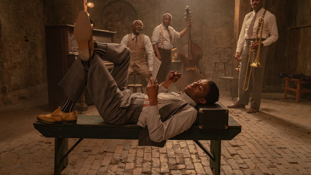 Ma Rainey's Black Bottom (2020): (L to R) Chadwick Boseman as Levee, Glynn Turman as Toldeo, Michael Potts as Slow Drag, Colman Domingo as Cutler. (Photo: David Lee / Netflix)