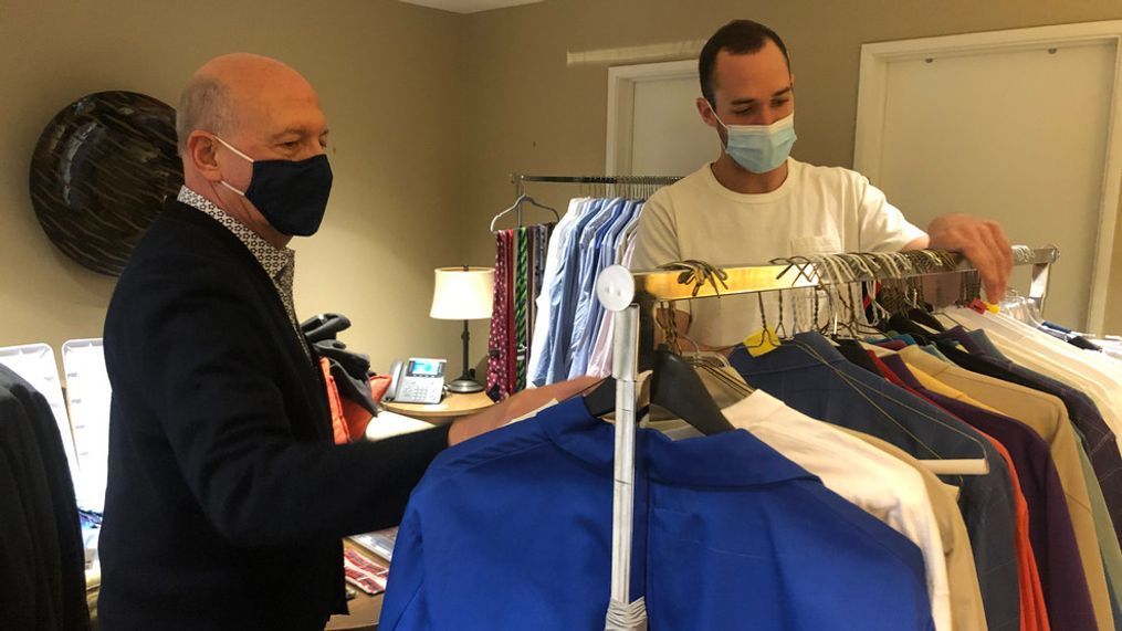 Matthew Trebek and Jeopardy! Costumer, Steven Zimbelman, pack Alex Trebek’s wardrobe for donation to The Doe Fund. (Photo: Jeopardy Productions, Inc.)