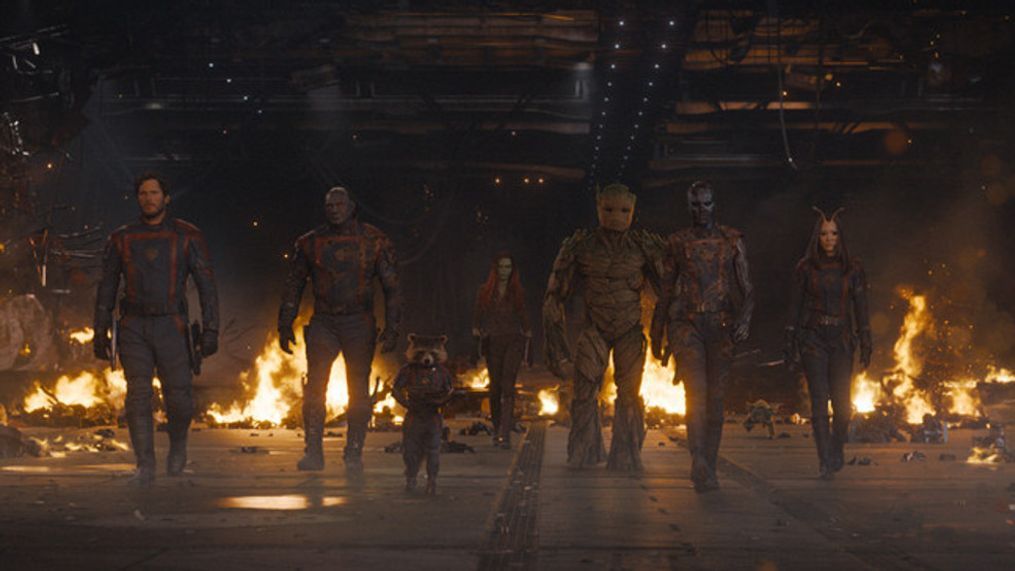 (L-R): Chris Pratt as Peter Quill/Star-Lord, Dave Bautista as Drax, Rocket (voiced by Bradley Cooper), Zoe Saldana as Gamora, Groot (voiced by Vin Diesel), Karen Gillan as Nebula, and Pom Klementieff as Mantis in Marvel Studios' Guardians of the Galaxy Vol. 3. Photo courtesy of Marvel Studios. © 2023 MARVEL.{br}