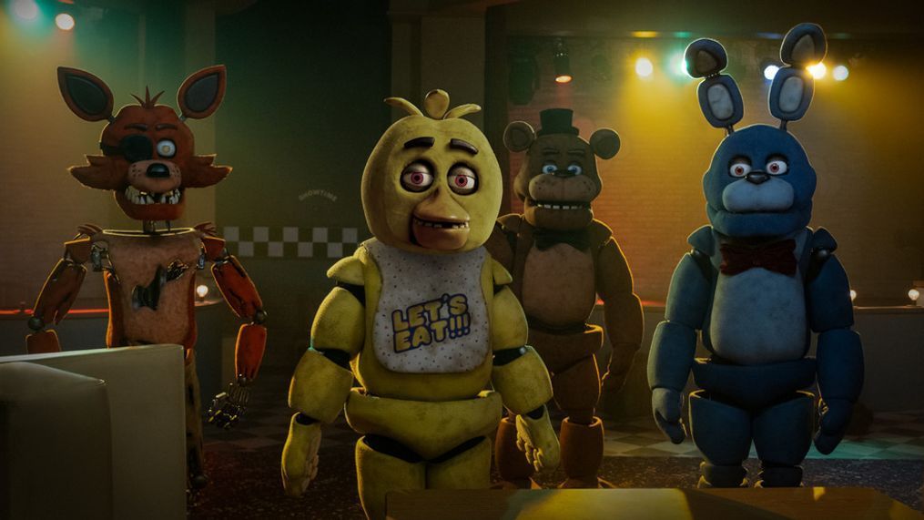 (from left) Foxy, Chica, Freddy Fazbear and Bonnie in Five Nights at Freddy's, directed by Emma Tammi.