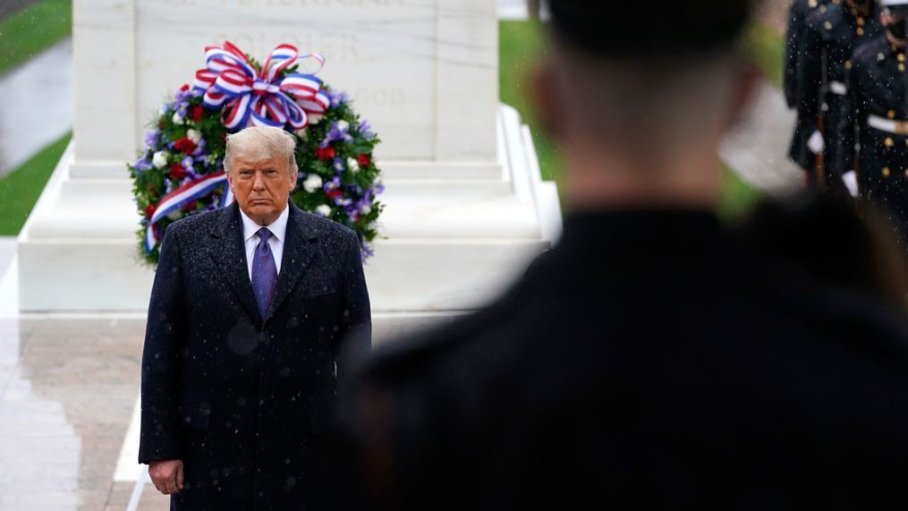 President Donald Trump participates in a Veterans Day wreath laying ceremony at the Tomb of the Unknown Soldier at Arlington National Cemetery in Arlington, Va., Wednesday, Nov. 11, 2020. (AP Photo/Patrick Semansky)