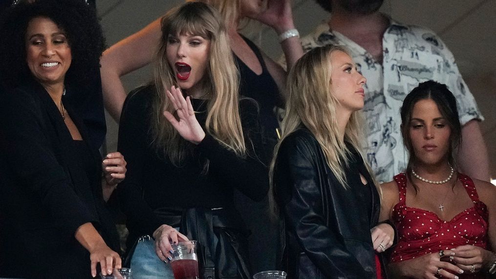 FILE{&nbsp;} - Taylor Swift, second from left, and Brittany Mahomes, second from right, watch play between the New York Jets and the Kansas City Chiefs during the second quarter of an NFL football game, Sunday, Oct. 1, 2023, in East Rutherford, N.J. (AP Photo/Frank Franklin II)