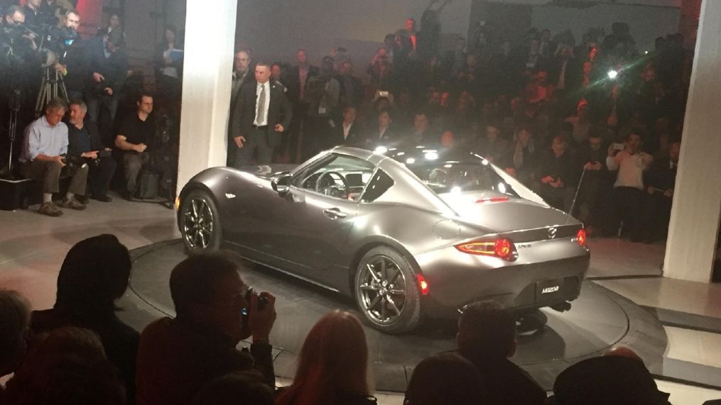 The Mazda MX-5 Retractable Fastback during its reveal at the 2016 New York International Auto Show. (Photo by Jill Ciminillo)