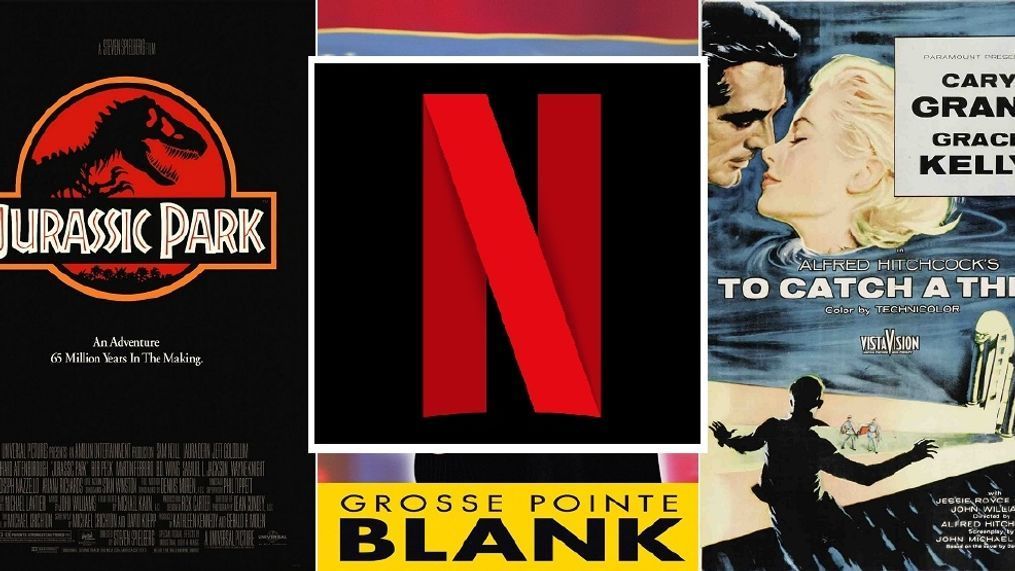 (Netflix logo [MGN];  "Jurassic Park" poster [Universal]; "Grosse Pointe Blank" poster [Hollywood Pictures, Caravan Pictures and New Crime Productions]; "To Catch a Thief" poster [Paramount])