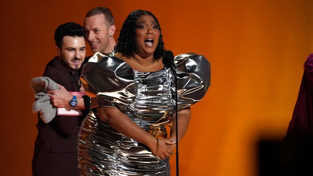 Lizzo accepts the award for record of the year for "About Damn Time" at the 65th annual Grammy Awards on Sunday, Feb. 5, 2023, in Los Angeles. (AP Photo/Chris Pizzello)