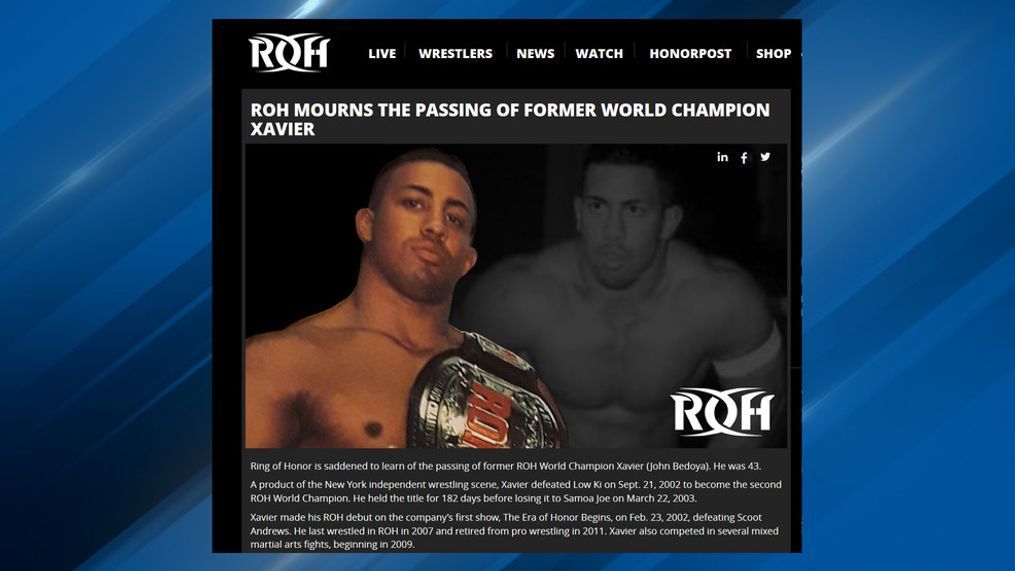 A statement on the Ring of Honor website announces the death of former champion John Bedoya, known as Xavier. (Ring of Honor)