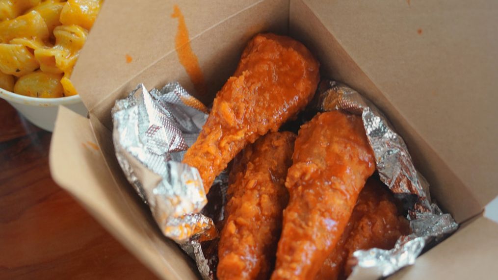 At Refocused Vegan, vegan wings are served on a stick to replicate the experience of eating meat. (Photo: Emily Faber, The National Desk)