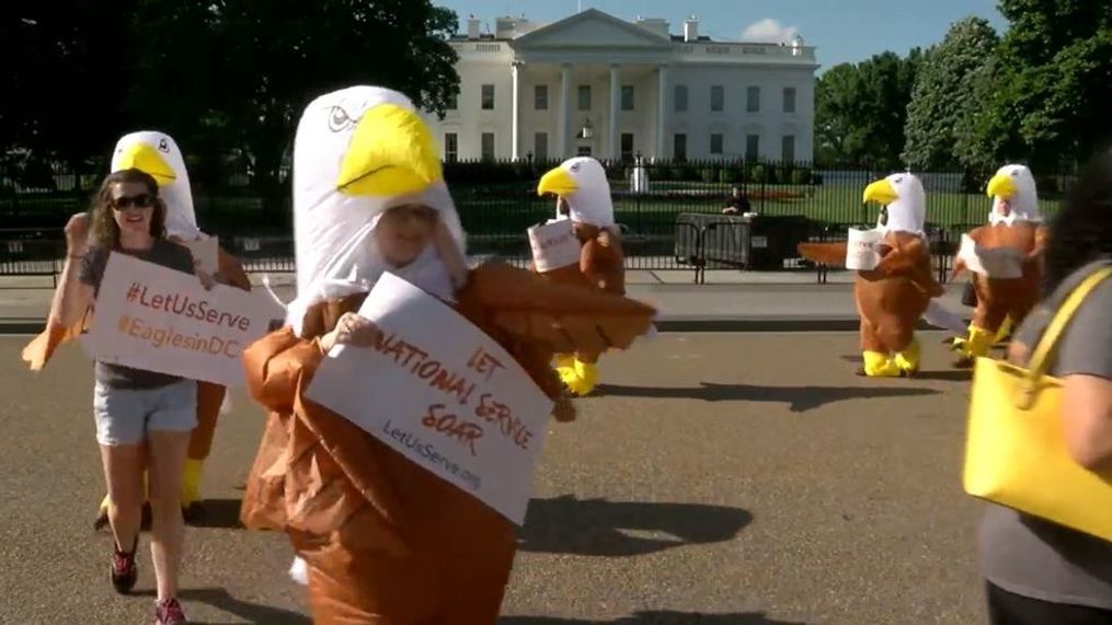 Group marches in inflatable eagle suits to protest Trump cutting national service programs. (WJLA)