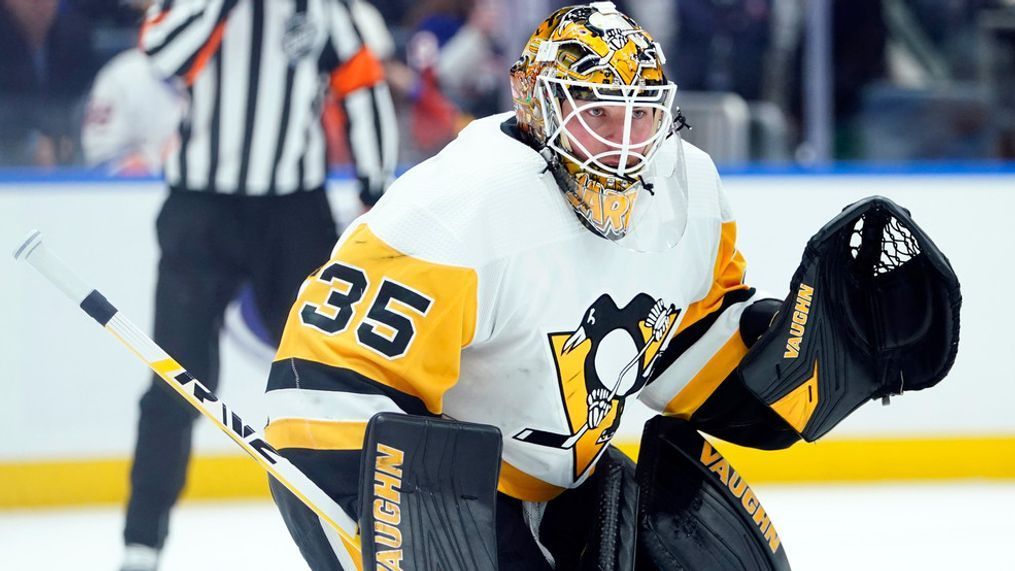 FILE - Pittsburgh Penguins goaltender Tristan Jarry protects his net during the second period of an NHL hockey game against the New York Islanders, Tuesday, Dec. 27, 2022, in Elmont, N.Y. (AP Photo/Frank Franklin II, File)