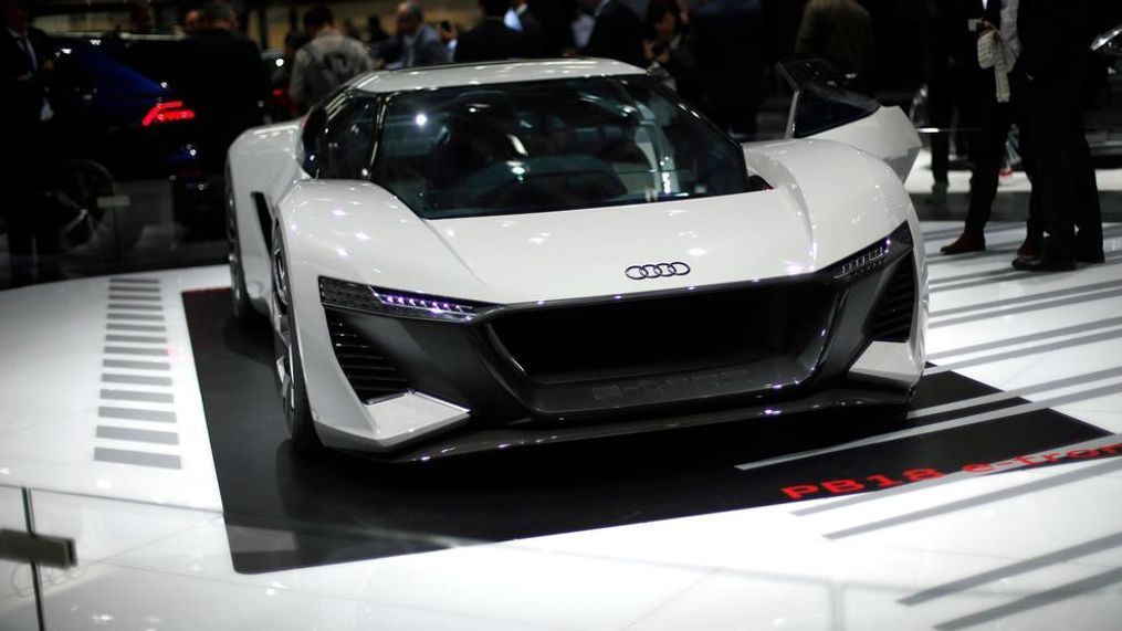 The Audi PB 18 e-tron is on display at the Auto show in Paris, France, Tuesday, Oct. 2, 2018, 2018. All-electric vehicles with zero local emissions are among the stars of the Paris auto show, rubbing shoulders with the fossil-fuel burning SUVs that many car buyers love. (AP Photo/Thibault Camus)