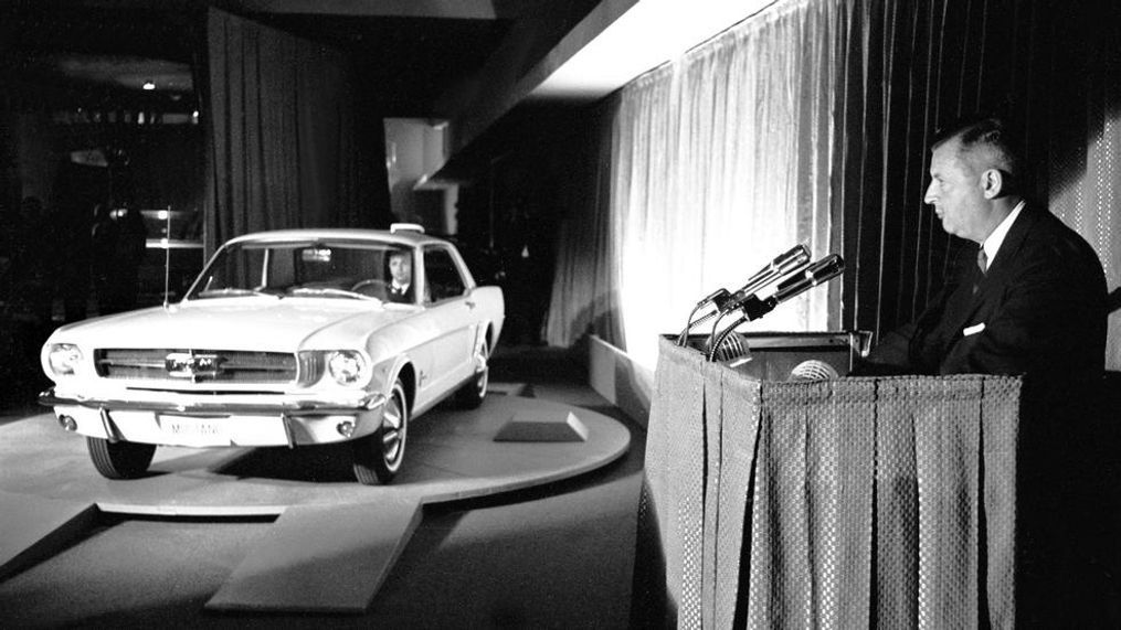 Henry Ford II gives the world its first look at the all-new Mustang on April 17, 1964. (Image courtesy of Ford Motor Co.)