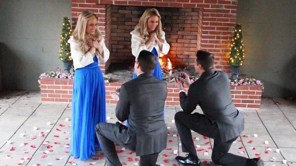 The brothers planned a proposal at the same location as their first date at Twin Lakes State Park in Virginia. They told the sisters the wedding venue wanted to feature them all in a commercial, so the sisters arrived in matching blue gowns. (Courtesy Brittany Deane)