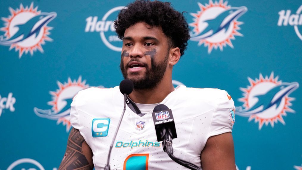 Miami Dolphins quarterback Tua Tagovailoa speaks after an NFL football game, Monday, Jan. 8, 2024, in Miami Gardens, Fla. (AP Photo/Wilfredo Lee)