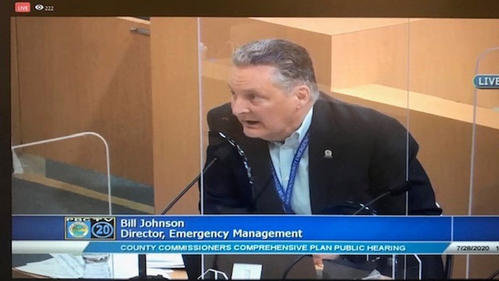 Palm Beach County Director of Emergency Management Bill Johnson, addressing county commissioners, as seen Tuesday on the County's Channel 20. (Courtesy: Channel 20){br}